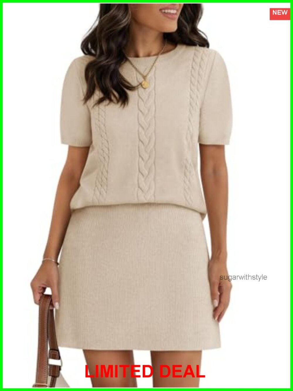 Womens 2 Piece Skirt Set Puff Short Sleeve Ribbed Knit Sweater Mini Dress